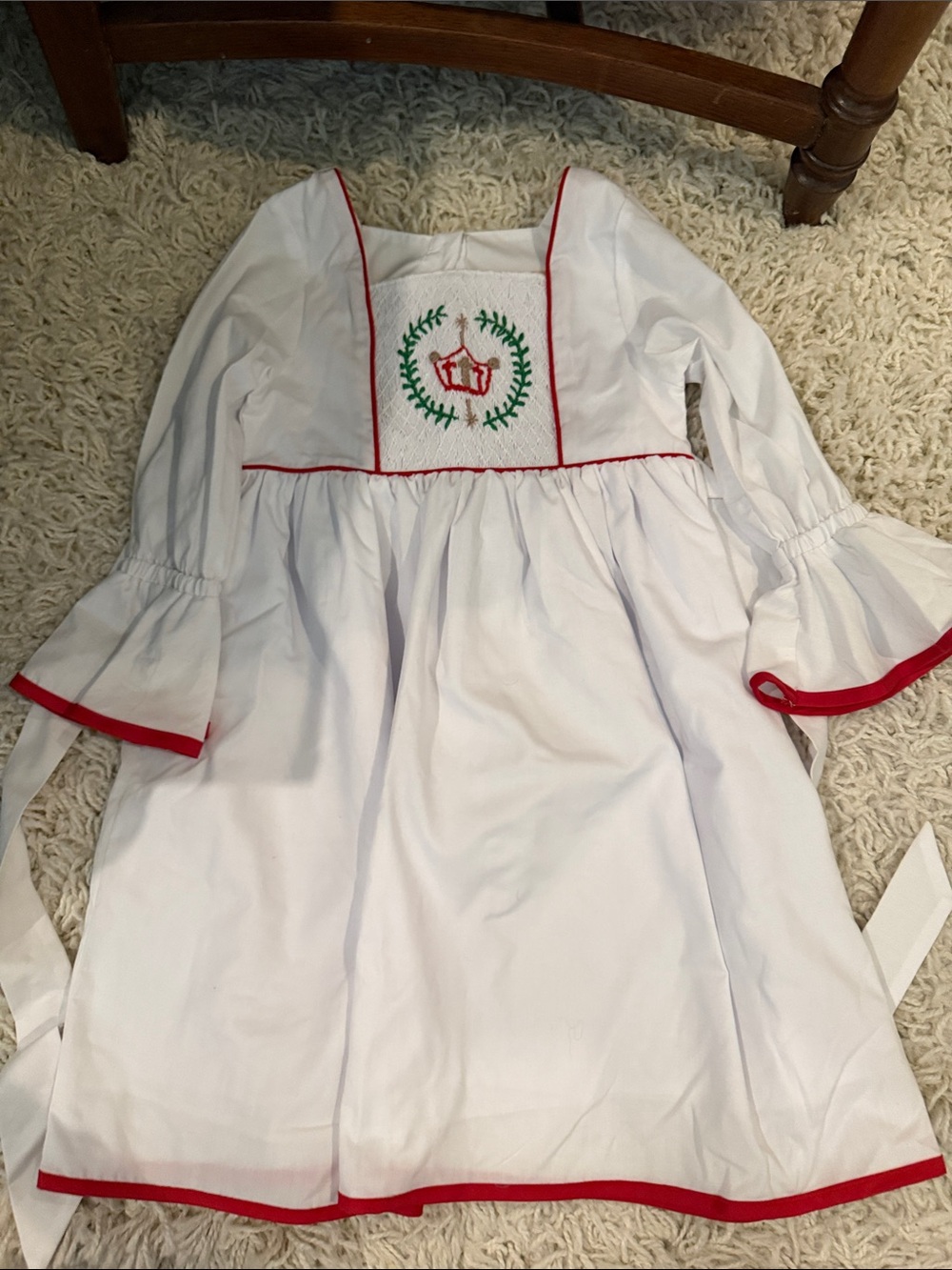 White Dress with Red Trim and Green Embroidered Crest — Kids Formal Dress